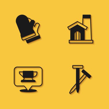 Koruyucu eldivenler, metal çiviler, demirci örs aletleri ve uzun gölgeli Smithy iç mekan ikonu. Vektör