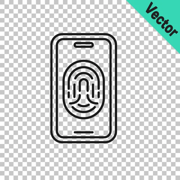 Смартфон черной линии со значком сканера отпечатков пальцев изолирован на прозрачном фоне. Концепция безопасности, личный доступ через палец на мобильный телефон. Вектор — стоковый вектор