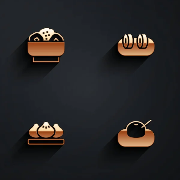 Umístěte Chow mein na talíř, Sushi, Dumpling a Mochi ikonu s dlouhým stínem. Vektor — Stockový vektor