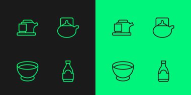 Soya sosu şişesi, kasede geleneksel çay seremonisi ve ikon. Vektör