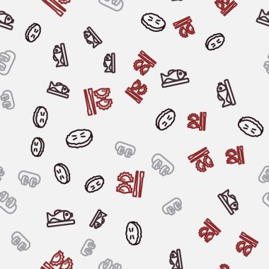 Ev yapımı turta, tabakta balık, yemek çubuklarıyla birlikte suşi ve köfte. Vektör