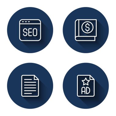 SEO optimizasyonu, Finansal kitap, Dosya belgesi ve uzun gölgeli reklamcılık satırını ayarla. Mavi daire düğmesi. Vektör