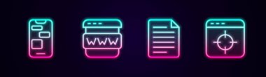 Hat Mobil desteğini, Tarayıcı penceresini, Dosya belgesini ve Hedef finansal hedefini ayarla. Parlayan neon ikonu. Vektör