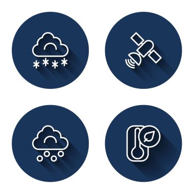 Çizgiyi karla, uyduyla, dolu bulutuyla ve uzun gölgeli termometreyle belirleyin. Mavi daire düğmesi. Vektör