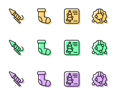 Noel kartpostalı, havai fişek roketi, çorap ve çelenk ikonu. Vektör