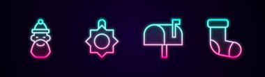 Noel Baba şapkası, sakal, Noel oyuncağı, posta kutusu ve çorap. Parlayan neon ikonu. Vektör
