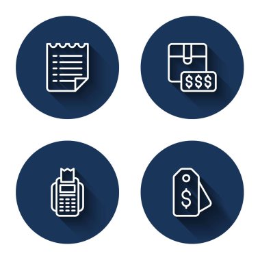 Satır dilek listesi şablonu, dolar ile öge fiyat etiketi, POS terminal ve uzun gölgeli Price ayarlayın. Mavi daire düğmesi. Vektör