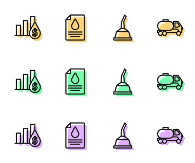 Motor yağı, turta grafiği ve dolar, kontrat para kalemi ve tanker kamyon ikonu için kabı hazırlayın. Vektör