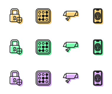 Hat güvenlik kamerası, kilit ile kalkan güvenliği, grafik şifre koruması ve mobil parmak izi tarayıcı simgesi ayarla. Vektör