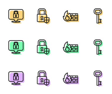 Firewall 'ı, güvenlik duvarını, Lock' u, Shield 'ı kilitle ve eski anahtar simgesini ayarla. Vektör