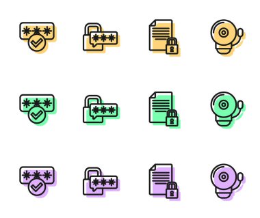 Satır Belgesi ve Kilit, Şifre koruması, Siber Güvenlik ve Alarm Çanı simgesi. Vektör