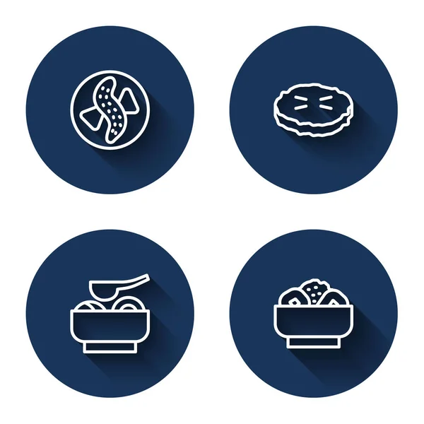 Serviert werden Gurken auf einem Teller, hausgemachte Torte, Ramen-Suppenschüssel und Chow My mit langem Schatten. Blauer Kreis-Knopf. Vektor — Stockvektor