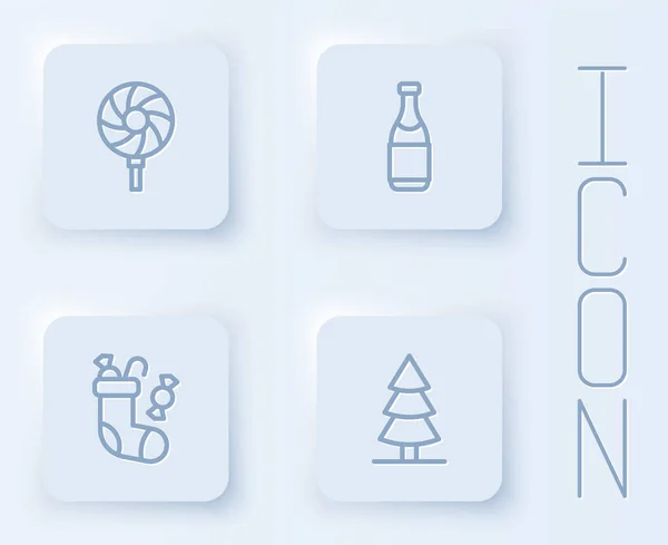 Set Lutscher, Champagnerflasche, Weihnachtsstrumpf und Baum. Weiße quadratische Taste. Vektor — Stockvektor