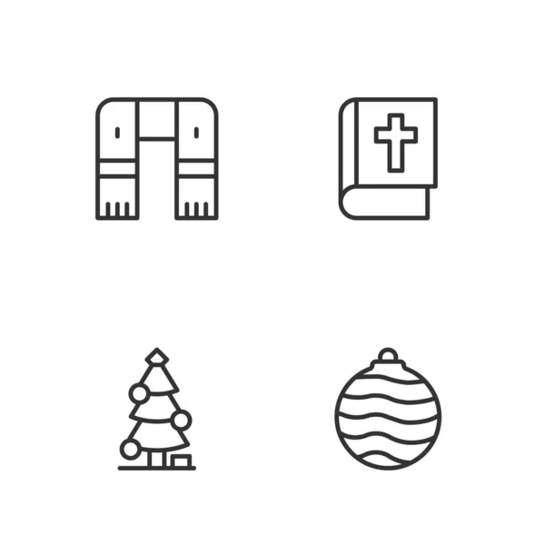 Set line Christmas ball, tree, Winter scarf and Holy bible book icon. Vector — Stock Vector