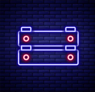 Parlayan neon hattı tahta kutu simgesi tuğla duvar arka planında izole edildi. Market sepeti, depo sandığı. Sebzeler ve ürünler için boş ahşap kap. Renkli taslak konsepti. Vektör