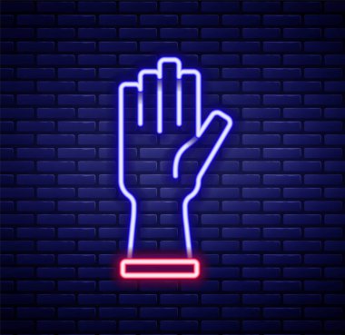 Parlayan neon çizgisi. Tuğla duvar arkasında koruyucu eldiven simgesi izole edilmiş. Renkli taslak konsepti. Vektör