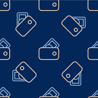 Para simgesine sahip çizgi cüzdanı mavi arka planda izole edilmiş kusursuz desen. Çanta ikonu. Nakit tasarruf sembolü. Vektör