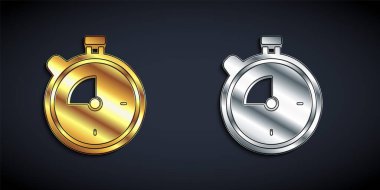 Siyah arkaplanda altın ve gümüş renkli Stopwatch simgesi var. Zaman göstergesi. Kronometre işareti. Uzun gölge tarzı. Vektör