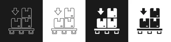 Setzen Sie Kartons Auf Palettensymbol Isoliert Auf Schwarzem Und Weißem — Stockvektor