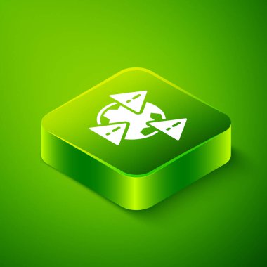 Yeşil arka planda izole edilmiş ünlem sembolü olan Isometric Planet Earth sembolü. Global Earth, ünlem tehlike işareti. Yeşil kare düğmesi. Vektör