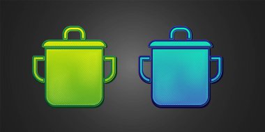 Siyah arkaplanda yeşil ve mavi tencere ikonu var. Haşlama ya da güveç besin sembolü. Vektör