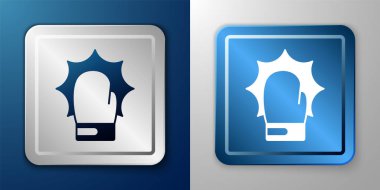 Boks eldivenlerindeki beyaz yumruk mavi ve gri arka planda izole edilmiş. Boks eldivenleri patlayıcıyla birbirine çarpıyor. Gümüş ve mavi kare düğme. Vektör