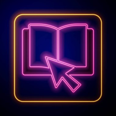 Parlayan neon çevrimiçi kitap simgesi siyah arkaplanda izole edildi. İnternet eğitimi konsepti, e-öğrenme kaynakları, uzak online kurslar. Vektör