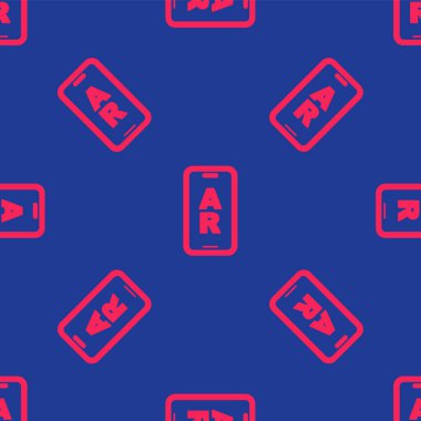 Kırmızı Güçlendirilmiş AR ikonu mavi arka planda kusursuz desen izole etti. Sanal geleceksel giyilebilir cihazlar. Vektör