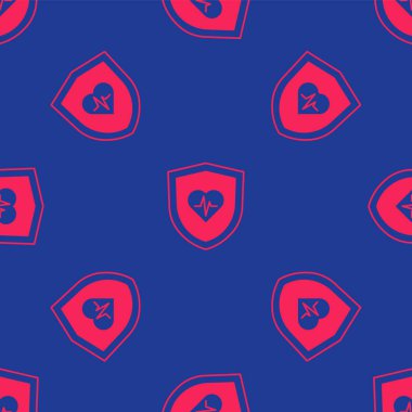 Kırmızı Hayat Sigortası ve kalkan ikonu mavi arka planda izole edilmiş pürüzsüz desen. Güvenlik, güvenlik, koruma, konsept koruma. Vektör