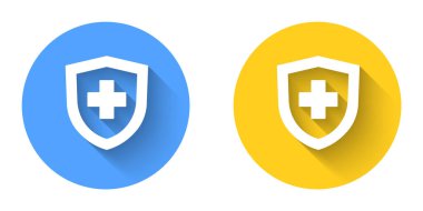 Beyaz Hayat Sigortası, uzun gölgeli bir ikona sahip. Güvenlik, güvenlik, koruma, konsept koruma. Çember düğmesi. Vektör