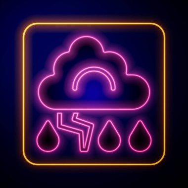 Parlayan neon fırtına simgesi siyah arkaplanda izole edildi. Bulut ve şimşek işareti. Fırtınanın hava durumu ikonu. Vektör