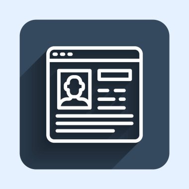 Beyaz çizgi uzun gölge arkaplan izole edilmiş simgeye devam et. Özgeçmiş başvurusu. Profesyonel personel aranıyor. Personel analizi devam ediyor. Mavi kare düğme. Vektör