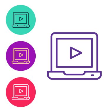 Satır Çevrimiçi oyun video simgesi beyaz arkaplanda izole edildi. Dizüstü bilgisayar ve oyun işaretli film şeridi. Simgeleri renklendirin. Vektör