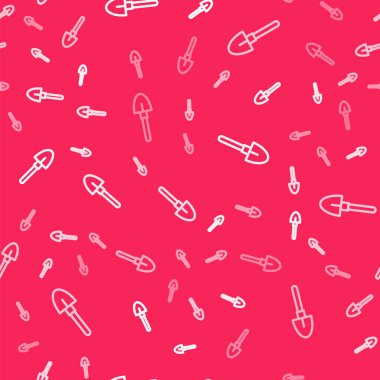 Beyaz çizgi kürek ikonu, kırmızı arkaplanda kusursuz desen izole etti. Bahçe aletleri. Bahçecilik, tarım, çiftçilik aleti. Vektör