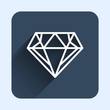Beyaz çizgi elmas simgesi uzun gölge arkaplan izole. Mücevher sembolü. Mücevher taşı. Mavi kare düğme. Vektör