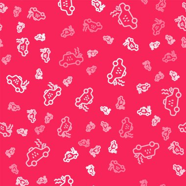 Kırık beyaz çizgili taksi arabası ikonu kırmızı arka planda izole edilmiş. Vektör