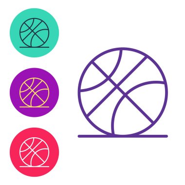 Beyaz arkaplanda izole edilmiş çizgi basketbol ikonu. Spor sembolü. Simgeleri renklendirin. Vektör