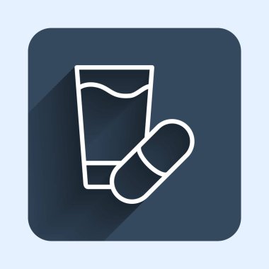 Uzun gölgeli beyaz çizgi uyku hapı ikonu. Mavi kare düğme. Vektör