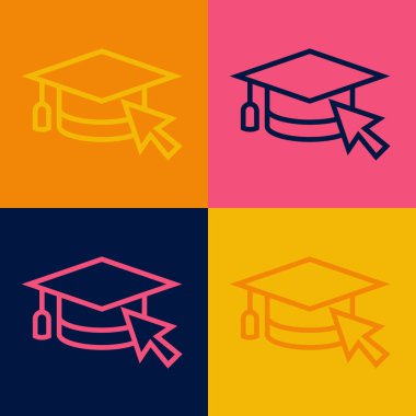 Renk arkaplanında imleç simgesi olan pop sanat eseri mezuniyet kapağı. Dünya eğitim sembolü. Çevrimiçi öğrenme ya da e-öğrenme kavramı. Vektör