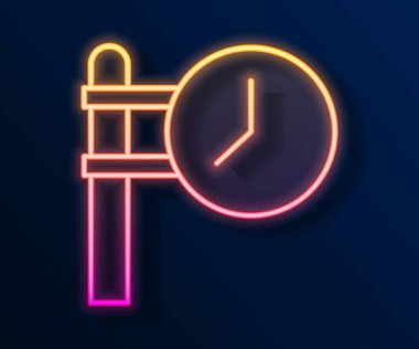 Parlayan neon hattı tren istasyonu saat simgesi siyah arkaplanda izole edildi. Vektör