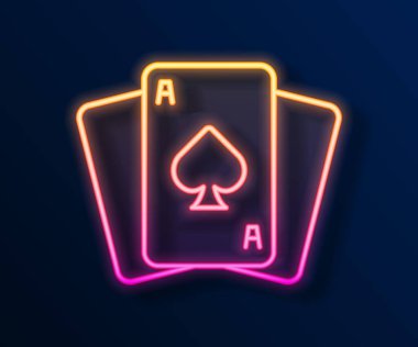Parlayan neon hattı siyah arkaplanda izole edilmiş kart simgesi çalıyor. Kumarhane kumarı. Vektör
