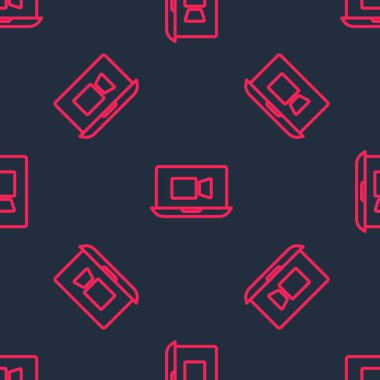 Kırmızı çizgi görüntülü sohbet konferans simgesi siyah arkaplanda izole edilmiş kusursuz desen. Çevrimiçi iş görüşmesi formu. Uzak proje yönetimi. Vektör