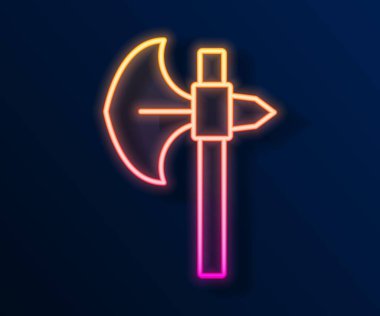 Parlayan neon hattı Ortaçağ balta simgesi siyah arka planda izole edildi. Savaş baltası, cellat baltası. Ortaçağ silahı. Vektör