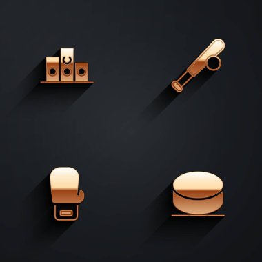 Kazanan spor podyumu, beysbol sopalı beysbol sopası, boks eldiveni ve uzun gölgeli hokey diski ikonu ödüllerini belirle. Vektör