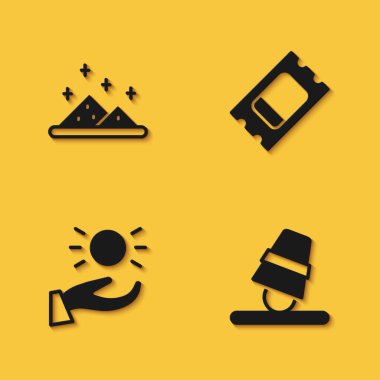 Magic pudrası, oyun yüksükleri, elinde yükselen top ve uzun gölgeli Circus bileti ikonu. Vektör