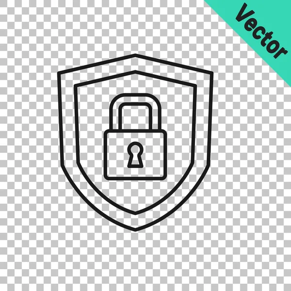 Black Line Shield Seguridad Con Icono Bloqueo Aislado Sobre Fondo — Vector de stock