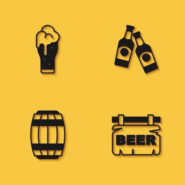 Set Glas Bier Straatbord Met Bier Houten Vat Flessenpictogram Met — Stockvector