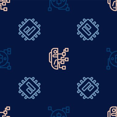 Hat engelleme teknolojisi Bitcoin, işlemci işlemci işlemcisi ve insansı robotu kusursuz desene ayarlayın. Vektör