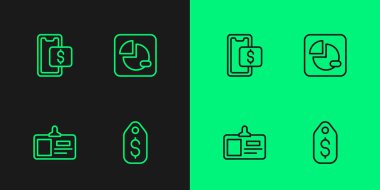 Dolar, kimlik kartı, mobil alışveriş ve turta grafiksel ikonu ile Price etiketini ayarla. Vektör