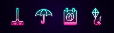 Saha çizgisi tırmığı, Şemsiye, Sonbahar yapraklı takvim ve Kite. Parlayan neon ikonu. Vektör